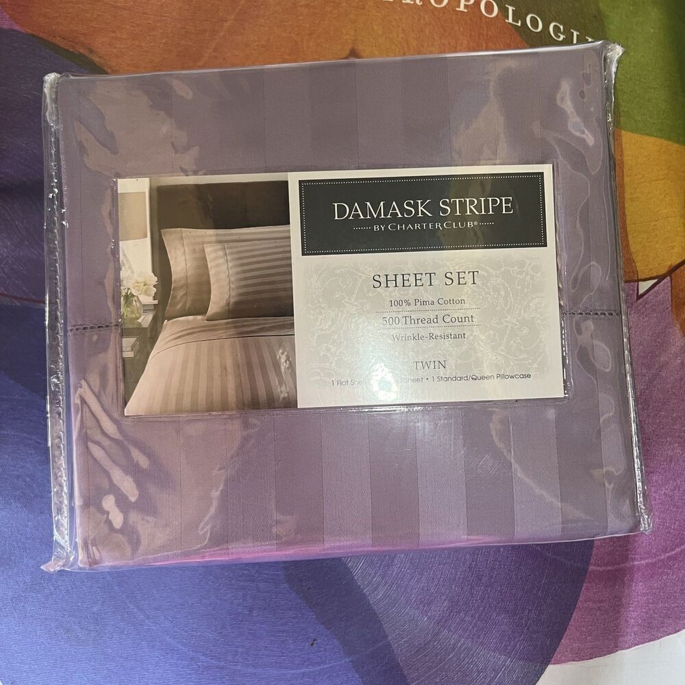 Charter Club Damask Stripe Sheet Set Pima Cotton Twin Purple NEW
